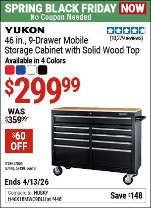 Harbor Freight Coupons, HF Coupons, 20% off - YUKON 46 in. 9-Drawer Mobile Storage Cabinet with Solid Wood Top 