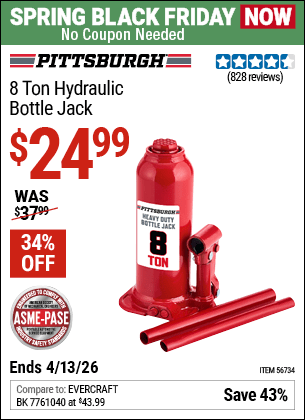 Harbor Freight Coupons, HF Coupons, 20% off - PITTSBURGH 8 Ton Hydraulic Bottle Jack 