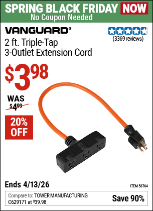 Harbor Freight Coupons, HF Coupons, 20% off - Vanguard 2 ft. Triple Tap 3-Outlet Extension Cord for $3.99