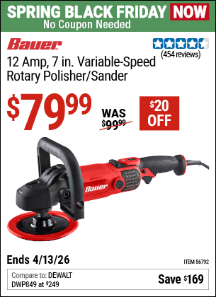 Harbor Freight Coupons, HF Coupons, 20% off - BAUER Corded 12 Amp, 7 in. Variable Speed Rotary Polisher/Sander for $79.99