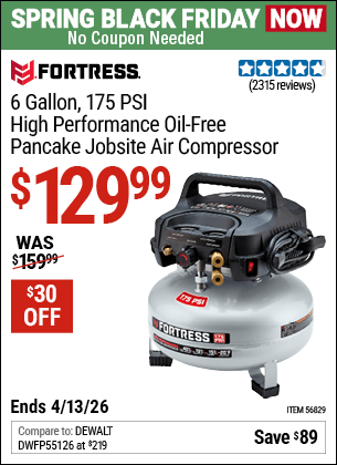 Harbor Freight Coupons, HF Coupons, 20% off - FORTRESS 6 Gallon 175 PSI High Performance Hand Carry Jobsite Air Compressor for $119.99