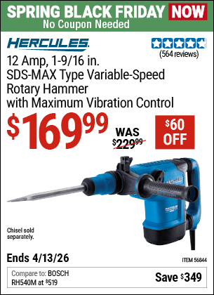 Harbor Freight Coupons, HF Coupons, 20% off - 12 Amp 1-9/16 in.  SDS Max-Type Variable Speed Rotary Hammer