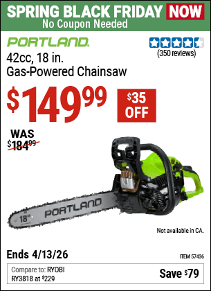 Harbor Freight Coupons, HF Coupons, 20% off - PORTLAND 42cc, 18 in. Gas-Powered Chainsaw for $129.99