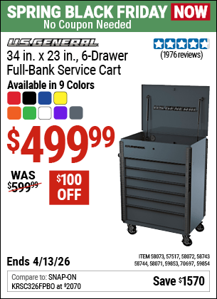 Harbor Freight Coupons, HF Coupons, 20% off - U.S. GENERAL 34 in. Full Bank Service Cart for $499.99