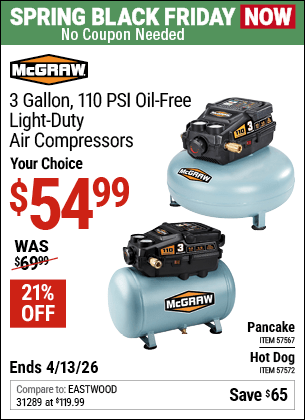 Harbor Freight Coupons, HF Coupons, 20% off - 3 Gallon 1/3 HP 110 PSI Oil-Free Pancake Air Compressor
