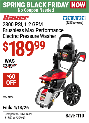 Harbor Freight Coupons, HF Coupons, 20% off - 2300 PSI 1.2 GPM Brushless Max Performance Electric Pressure Washer