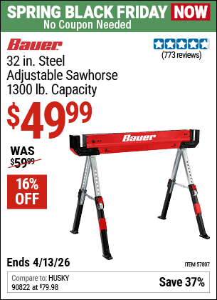 Harbor Freight Coupons, HF Coupons, 20% off - BAUER 1300 lb. Capacity Steel Sawhorse for $49.99