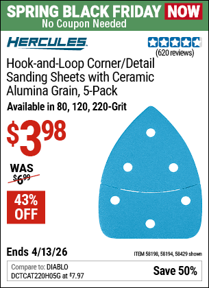 Harbor Freight Coupons, HF Coupons, 20% off - HERCULES 120 Grit Hook and Loop Corner/Detail Sanding Sheets, 5 Pk. for $2.99