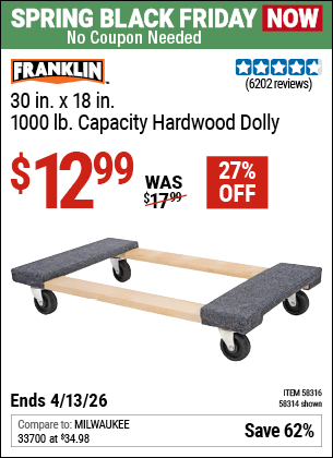 Harbor Freight Coupons, HF Coupons, 20% off - FRANKLIN 30 in. x 19 in. 1000 lb. Capacity Hardwood Dolly 