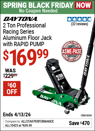 Harbor Freight Coupons, HF Coupons, 20% off - DAYTONA 2 Ton Professional Racing Series Aluminum Floor Jack for $169.99