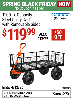 Harbor Freight Coupons, HF Coupons, 20% off - HFT 1200 lb. Capacity Steel Utility Cart with Sides 