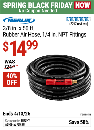 Harbor Freight Coupons, HF Coupons, 20% off - MERLIN 3/8 in. x 50 ft. Rubber Air Hose 