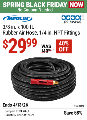 Harbor Freight Coupons, HF Coupons, 20% off - MERLIN 3/8 in. x 100 ft. Rubber Air Hose for $39.99