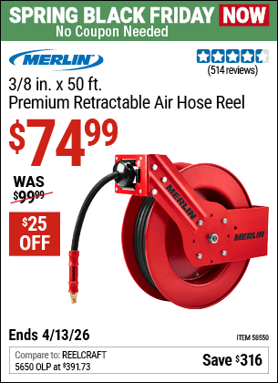 Harbor Freight Coupons, HF Coupons, 20% off - 3/8 in. x 50 ft. Premium Retractable Air Hose Reel