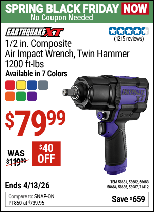 Harbor Freight Coupons, HF Coupons, 20% off - EARTHQUAKE 1/2 in. Composite Xtreme Torque Air Impact Wrench 