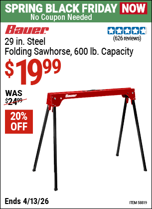 Harbor Freight Coupons, HF Coupons, 20% off - BAUER 600 lb. Capacity Folding Steel Sawhorse 
