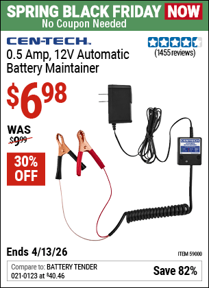 Harbor Freight Coupons, HF Coupons, 20% off - CEN-TECH 12V Automatic Battery Maintainer 