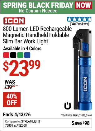 Harbor Freight Coupons, HF Coupons, 20% off - ICON 800 Lumen Rechargeable Slim Bar LED Light for $24.99