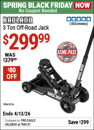 Harbor Freight Coupons, HF Coupons, 20% off - BADLAND 3 Ton Off-Road Jack 