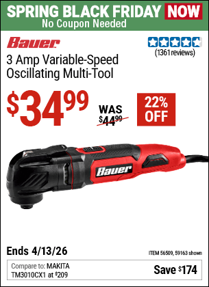 Harbor Freight Coupons, HF Coupons, 20% off - BAUER 3 Amp Variable Speed Oscillating Multi-Tool 