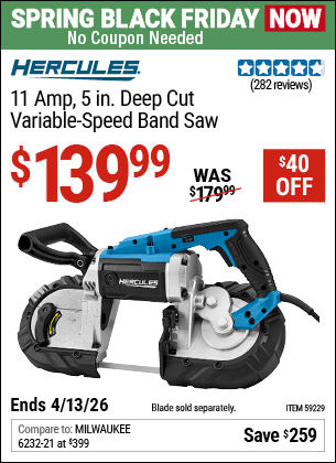 Harbor Freight Coupons, HF Coupons, 20% off - HERCULES 11 Amp, 5 in. Deep Cut Variable-Speed Band Saw for $129.99