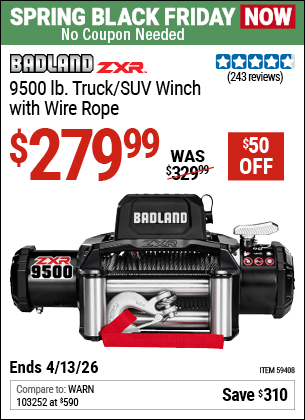 Harbor Freight Coupons, HF Coupons, 20% off - BADLAND ZXR 9500 lb. Truck/SUV Winch with Wire Rope 
