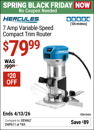 Harbor Freight Coupons, HF Coupons, 20% off - HERCULES 1/4 in. Variable-Speed Compact Trim Router for $64.99