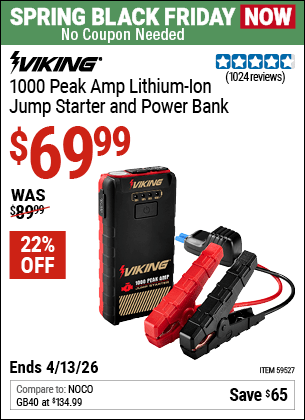 Harbor Freight Coupons, HF Coupons, 20% off - VIKING 1000 Peak Amp Midsize Lithium-Ion Jump Starter and Power Bank for $79.99