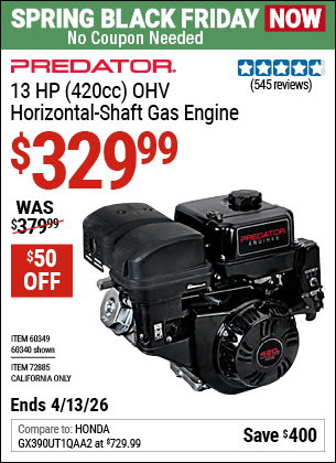 Harbor Freight Coupons, HF Coupons, 20% off - 13 Hp (420 Cc) Ohv Horizontal Shaft Gas Engines