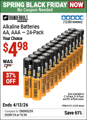 Harbor Freight Coupons, HF Coupons, 20% off - Thunderbolt Magnum Alkaline Batteries Aa, Aaa - 24 Pk