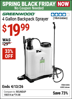 Harbor Freight Coupons, HF Coupons, 20% off - 4 Gallon Backpack Sprayer