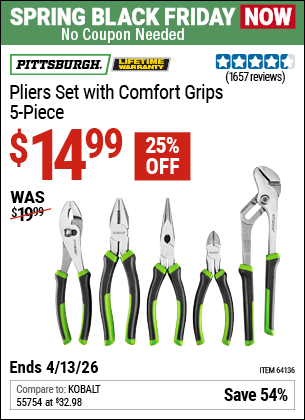 Harbor Freight Coupons, HF Coupons, 20% off - 5 Piece Pliers Set With Comfort Grips