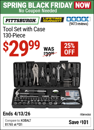 Harbor Freight Coupons, HF Coupons, 20% off - 130 Piece Tool Kit With Case