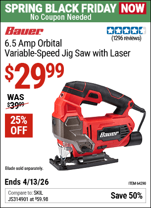 Harbor Freight Coupons, HF Coupons, 20% off - Bauer 6.5 Amp Heavy Duty Tool-free Variable Speed Orbital Jig Saw