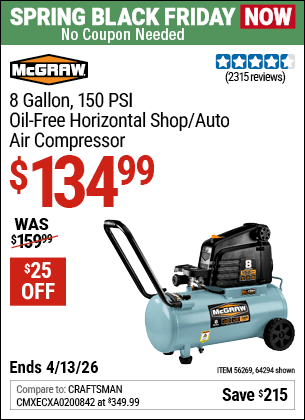Harbor Freight Coupons, HF Coupons, 20% off - Mcgraw 150 Psi, 8 Gallon, 1.5 Hp Horizontal Compressor