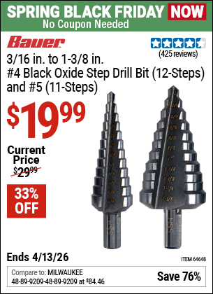 Harbor Freight Coupons, HF Coupons, 20% off - 2 Piece Black Oxide Coated M2 Steel High Speed Step Bits