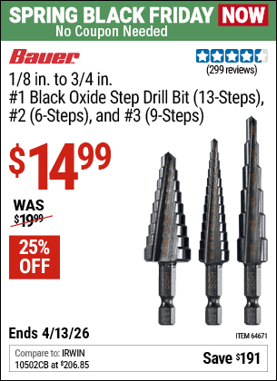 Harbor Freight Coupons, HF Coupons, 20% off - 3 Piece M2 Steel Black Oxide Step Bits