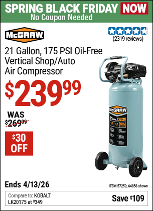 Harbor Freight Coupons, HF Coupons, 20% off - Mcgraw 175 Psi, 21 Gallon Vertical Oil-free Air Compressor