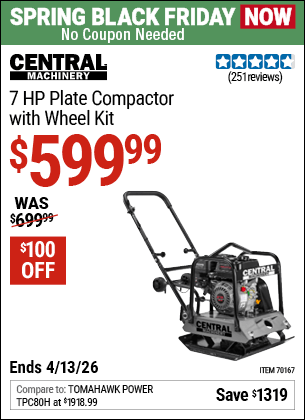 Harbor Freight Coupons, HF Coupons, 20% off - CENTRAL MACHINERY 6.5 HP Plate Compactor with Wheel Kit for $629.99