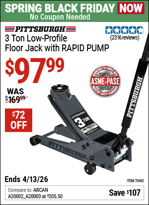 Harbor Freight Coupons, HF Coupons, 20% off - PITTSBURGH 3-Ton Low-Profile Floor Jack with RAPID PUMP 