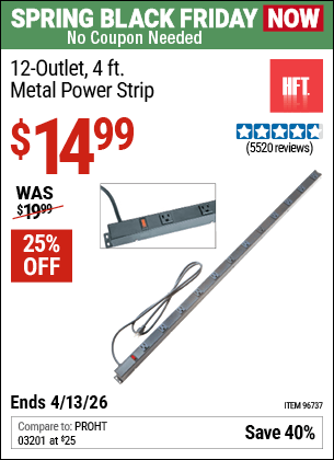 Harbor Freight Coupons, HF Coupons, 20% off - 12 Outlet 4 Ft. Metal Power Strip