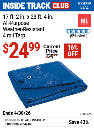 Harbor Freight Coupons, HF Coupons, 20% off - 17 ft. 2 in. x 23 ft. 4 in. Blue All Purpose/Weather Resistant Tarp