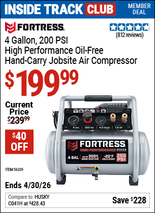 Harbor Freight Coupons, HF Coupons, 20% off - Fortress 4 Gallon, 1.5 Hp, 200 Psi Oil-free Professional Air Compressor