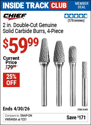 Harbor Freight Coupons, HF Coupons, 20% off - 2 in.  Double Cut Genuine Solid Carbide Burrs, 4 Pc.