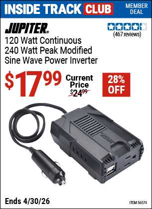 Harbor Freight Coupons, HF Coupons, 20% off - 120 Watt Continuous/240 Watt Peak Modified Sine Wave Power Inverter