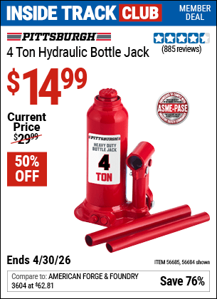 Harbor Freight Coupons, HF Coupons, 20% off - PITTSBURGH 4 Ton Hydraulic Bottle Jack for $17.99