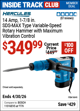 Harbor Freight Coupons, HF Coupons, 20% off - HERCULES 14 Amp 1-7/8 in. SDS Max-Type Variable Speed Rotary Hammer for $349.99
