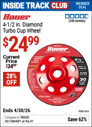 Harbor Freight Coupons, HF Coupons, 20% off - 4-1/2 in. Diamond Turbo Cup Wheel