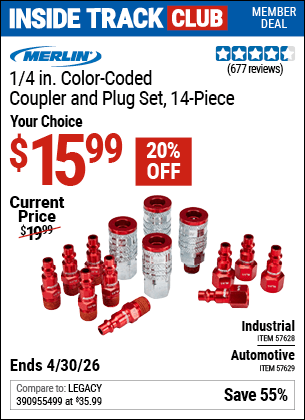 Harbor Freight Coupons, HF Coupons, 20% off - Color-Coded Industrial Coupler and Plug Kit, 14 Pc.
