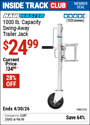 Harbor Freight Coupons, HF Coupons, 20% off - HAUL-MASTER 1000 lb. Swing-Back Bolt-On Trailer Jack for $27.99